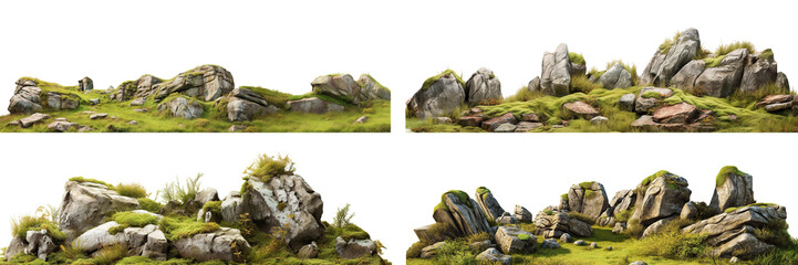 Set of moss-covered rocks in natural settings, cut out