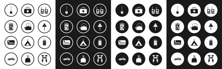 Set Walkie talkie, Kettle with handle, City map navigation, Shovel, Exclamation mark in triangle, First aid kit, Suitcase and Credit card icon. Vector