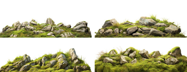Set of moss-covered rocks in natural settings, cut out - obrazy, fototapety, plakaty