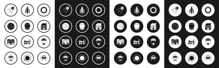 Set Sun, Astronaut helmet, Planet Venus, Satellite, Astronomical observatory, Space shuttle and rockets, capsule parachute and Celestial map of the night sky icon. Vector