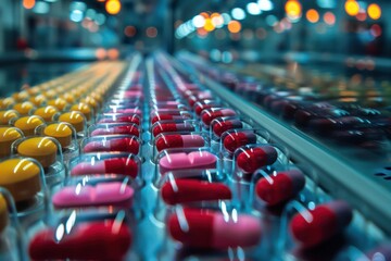 Fototapeta premium Rows of colorful capsules on an automated production line in a pharmaceutical manufacturing facility, reflecting the modern drug production process.