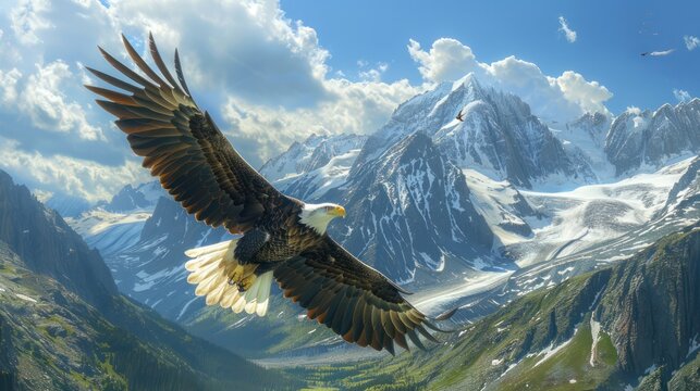 A majestic bald eagle glides effortlessly over a breathtaking expanse of snow-covered mountains under a clear blue sky.