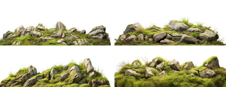Fototapeta Set of moss-covered rocks in natural settings, cut out
