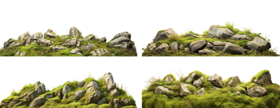 Set of moss-covered rocks in natural settings, cut out