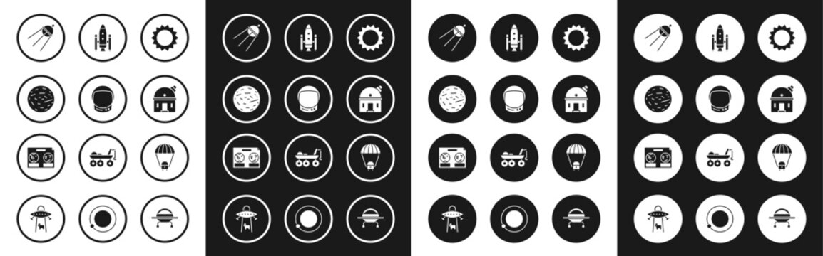 Set Sun, Astronaut helmet, Planet Venus, Satellite, Astronomical observatory, Space shuttle and rockets, capsule parachute and Celestial map of the night sky icon. Vector