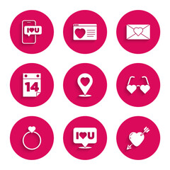 Set Location with heart, Speech bubble I love you, Amour and arrow, Heart shaped glasses, Wedding rings, Calendar February 14, Envelope Valentine and Mobile icon. Vector