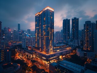 City hotel at twilight, wide shot, hospitality glowing for an inviting wallpaper , high-resolution - obrazy, fototapety, plakaty