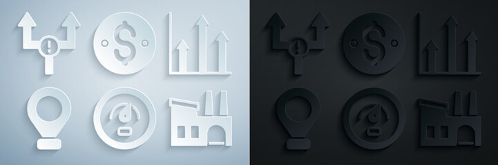 Set Digital speed meter, Pie chart infographic, Location, Factory, Dollar symbol and Arrow icon. Vector