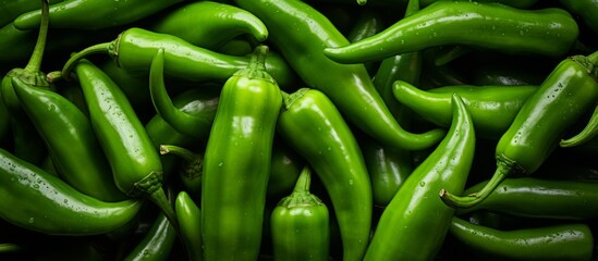 A stack of various types of green peppers, including bell peppers, chili peppers, and birds eye chili, displayed on a table as fresh produce