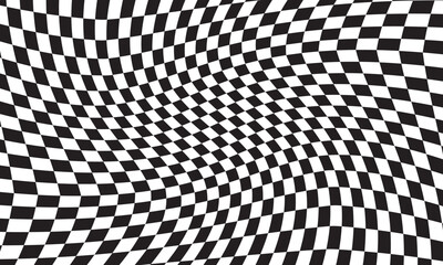 Distorted vector checkered seamless pattern. Groovy twisted grid. Psychedelic dynamic banner background. Retro 70s trippy hippie wavy aesthetic chess backdrop in black and white racing flag . vector. - obrazy, fototapety, plakaty