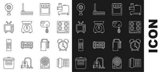 Set line Telephone, Alarm clock, Gas stove, Oven, Scales, Television, Web camera and Electric mixer icon. Vector
