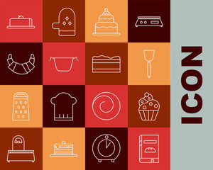 Set line Cookbook, Cupcake, Spatula, Cake, Cooking pot, Croissant, Strawberry cheesecake slice and Brownie chocolate icon. Vector