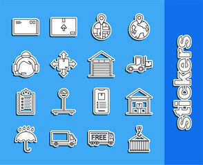 Set line Container on crane, Warehouse, Forklift truck, Cardboard box with traffic symbol, Support operator touch, Envelope and Closed warehouse icon. Vector