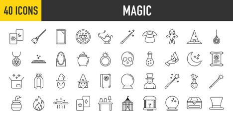 40 Magic icons set. Containing Tarot Card, Enchanted Mirror, Fire, Levitation, Magic Wand, Love Potion, Magic Hat, Magic Lamp, Witch Broom and Voodoo Doll more Vector illustration collection.