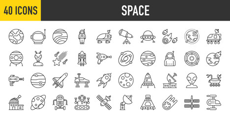 40 Space icons set. Containing Mercury, Venus, Cosmonaut, Telescope, Spiral Galaxy, Astronaut, Ufo, Meteorite, Orbit, Space Shuttle, Alien and Space Car more vector illustration collection.