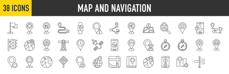 38 Map and Navigation icons set. Containing Red Flag, Destination, Restaurant, Current, Share Location, Route, Alert Sign, Search, Traffic Lights and Mobile Map more vector illustration collection.