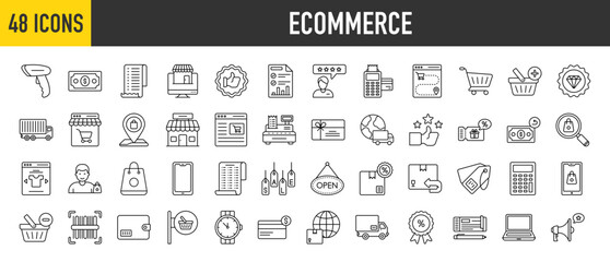 Fototapeta na wymiar 48 Ecommerce icons set. Containing Barcode Scanner, Dollar Note, Sale Report, Receipt, Customer Review, Order Tracking, Shopping Cart and Cargo Truck more vector illustration collection.