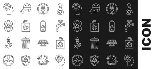 Set line Human head with recycle, Paper shopping bag, Water tap, Electric plug, Recycle symbol and gear, inside and Recycling plastic bottle icon. Vector