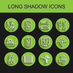 Set line Robot doctor, Printed circuit board PCB, Assembly line, Mechanical robot hand and screwdriver, Smart home, and Bot icon. Vector