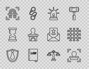 Set line Tie, Face recognition, Flasher siren, Law book, Fingerprint, Stage stand or debate podium rostrum, Scales of justice and Prison window icon. Vector