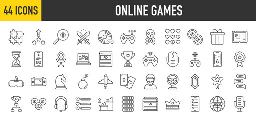 44 Online Games icons set. Containing Level Up, Pvp, Puzzle, Mystery, Streaming, Hourglass, Coins, Lose, Giftbox, Mobile Game, Console, Chess, Chat and Achievement more vector illustration collection.