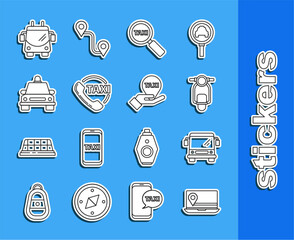 Set line Laptop with location marker, Bus, Scooter, Magnifying glass and taxi car, Taxi call telephone service, Trolleybus and Hand map pointer icon. Vector