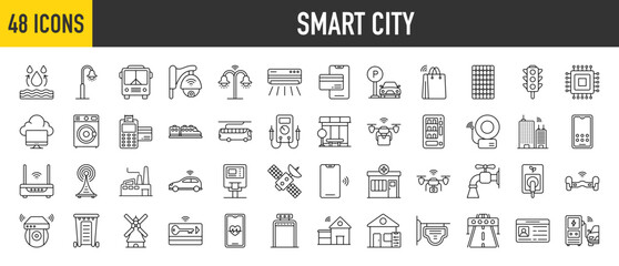 48 Smart City icons set. Containing Management, Street Lamp, Public Transport, Cctv Camera, Cashless Payment, Parking Area, Climatization and Smart Lighting more vector illustration collection.
