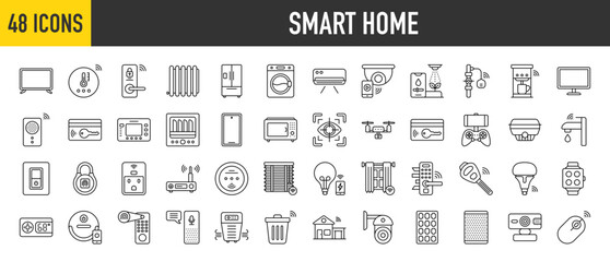 48 Smart Home icons set. Containing Tv Monitor, Humidity Sensor, Central Heating, Air Conditioner, Smart Lock, Refrigerator, Washing Machine and Sensor more vector illustration collection.