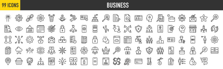 99 Business icons set. Containing Motivation, Sector, Link Building, Wasted Money, Work Experience, Service, Deal, Job Seeking, Public Speaking and Account more vector illustration collection.