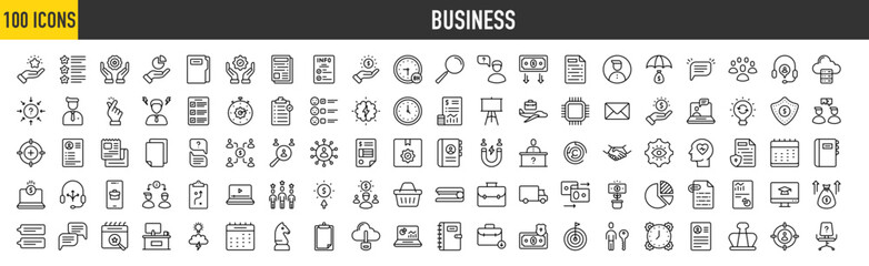 100 Business icons set. Containing Loyal Customer, Features, Benefit, Contribution, File Folder, Management Service, Article, Working Hours and Loan  more vector illustration collection.
