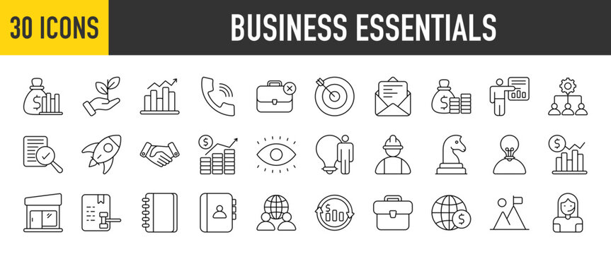 30 Business Essentials icons set. Containing Finance, Fiscal Policy, Capital, Mail, Startup, Target, Address Book , Vision, Strategy, Business Idea and Profit  more vector illustration collection.