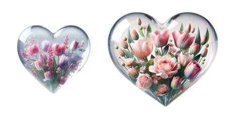 3d realistic pink flower glass heart icon set isolated on a transparent background.