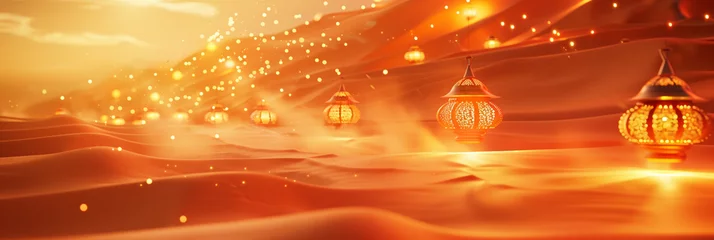 Gordijnen An orange desert background with lanterns and gold lighting © HillTract