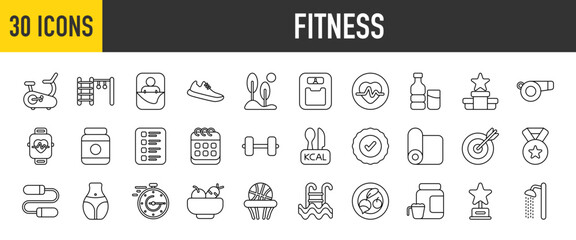 30 Fitness icons set. Containing Jungle Gym, Medal, Sleeping Baby, Running Shoes, Cardio, Smartwatch, Water Bottle, Gym, Skipping Rope, Shower, Diet, Dart more Vector illustration collection.