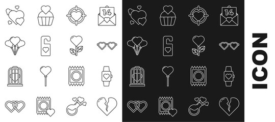 Set line Broken heart or divorce, Heart in the center wrist watch, shaped love glasses, of darts target aim, Please do not disturb with, Balloons form, and flower icon. Vector