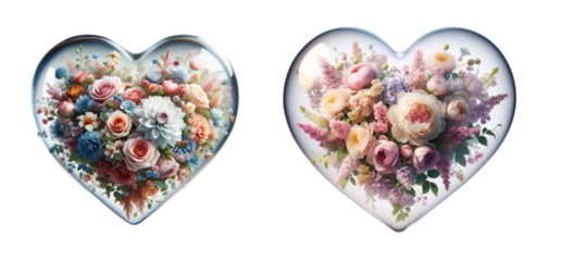 3d realistic pink flower glass heart icon set isolated on a transparent background.