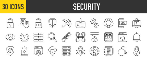 Fototapeta na wymiar 30 Security icons set. Containing Protection, Open Lock, Caution, Service, Life Saver, Mobile Banking, Safebox, Biometric, cctv Camera, Password and Key more Vector illustration collection.