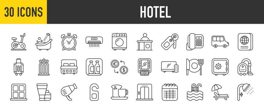 30 Hotel icons set. Containing Dinner, Workout, Air Conditioner, Bathtub, Wake Up, Luggage, Locker, Hair Dryer, Window, Vaccum Cleaner, Breakfast and Exchange more Vector illustration collection.