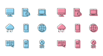 Set line Online book, Mobile phone, Computer monitor screen, Create account, Social network, Network cloud connection and Audio icon. Vector