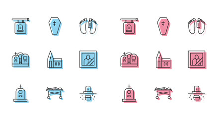 Set line Grave with tombstone, Dead body in the morgue, Signboard, coffin, Church building, Mourning photo frame, and Coffin cross icon. Vector