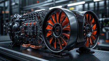 A detailed composition showcasing the cooling fins and robust construction of a high-performance electric motor, a testament to engineering excellence. - obrazy, fototapety, plakaty