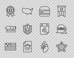 Set line American flag, USA Independence day, Burger, Declaration of independence, Medal with star, Shield stars, Native Indian and icon. Vector