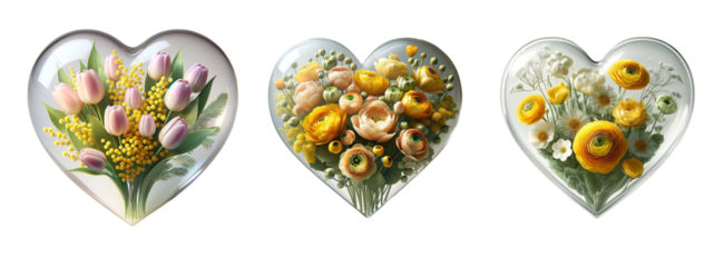 3d realistic pink flower glass heart icon set isolated on a transparent background.