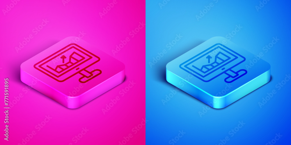 Poster isometric line computer with stocks market growth graphs and money icon isolated on pink and blue ba