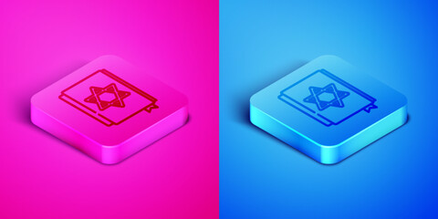 Isometric line Jewish torah book icon isolated on pink and blue background. Pentateuch of Moses. On the cover of the Bible is the image of the Star of David. Square button. Vector