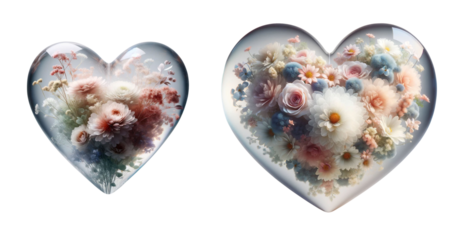 3d realistic pink flower glass heart icon set isolated on a transparent background.
