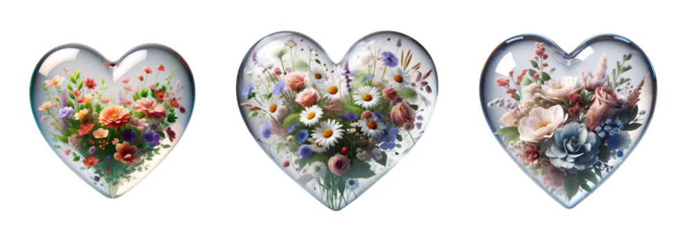 3d realistic pink flower glass heart icon set isolated on a transparent background.