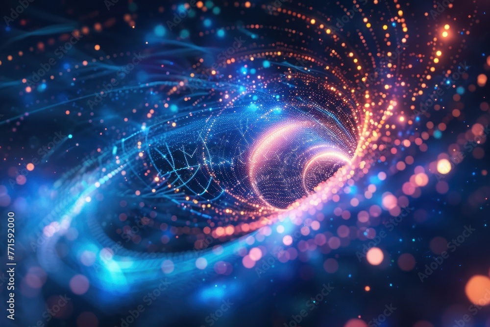 Poster big data visualization with spinning vortex of light particles, abstract data backgrounds