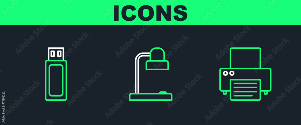 Poster set line printer, usb flash drive and table lamp icon. vector