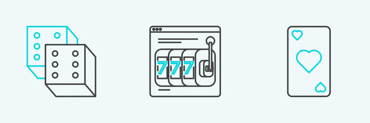 Set line Playing card with heart symbol, Game dice and Online slot machine lucky sevens jackpot icon. Vector